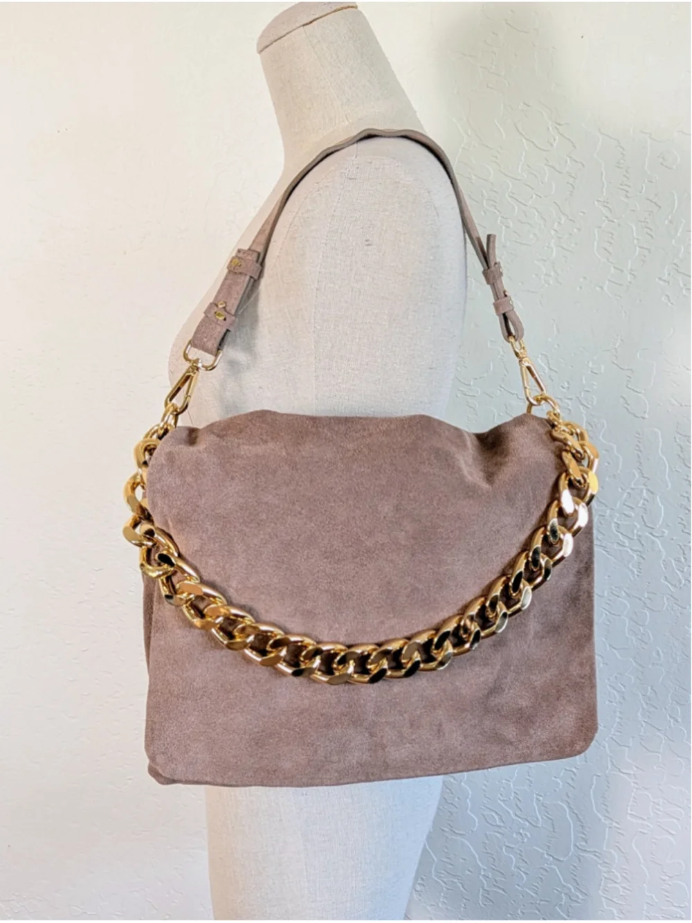 Viola Castellani Italian Suede Leather Chain Bag Taupe Slouchy Crossbody Purse